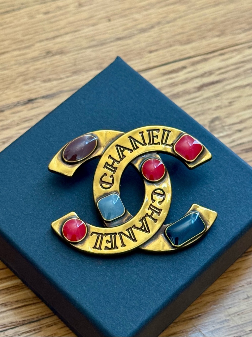 Antique Gold CC Brooch with Red, Gray and Black Cabochons